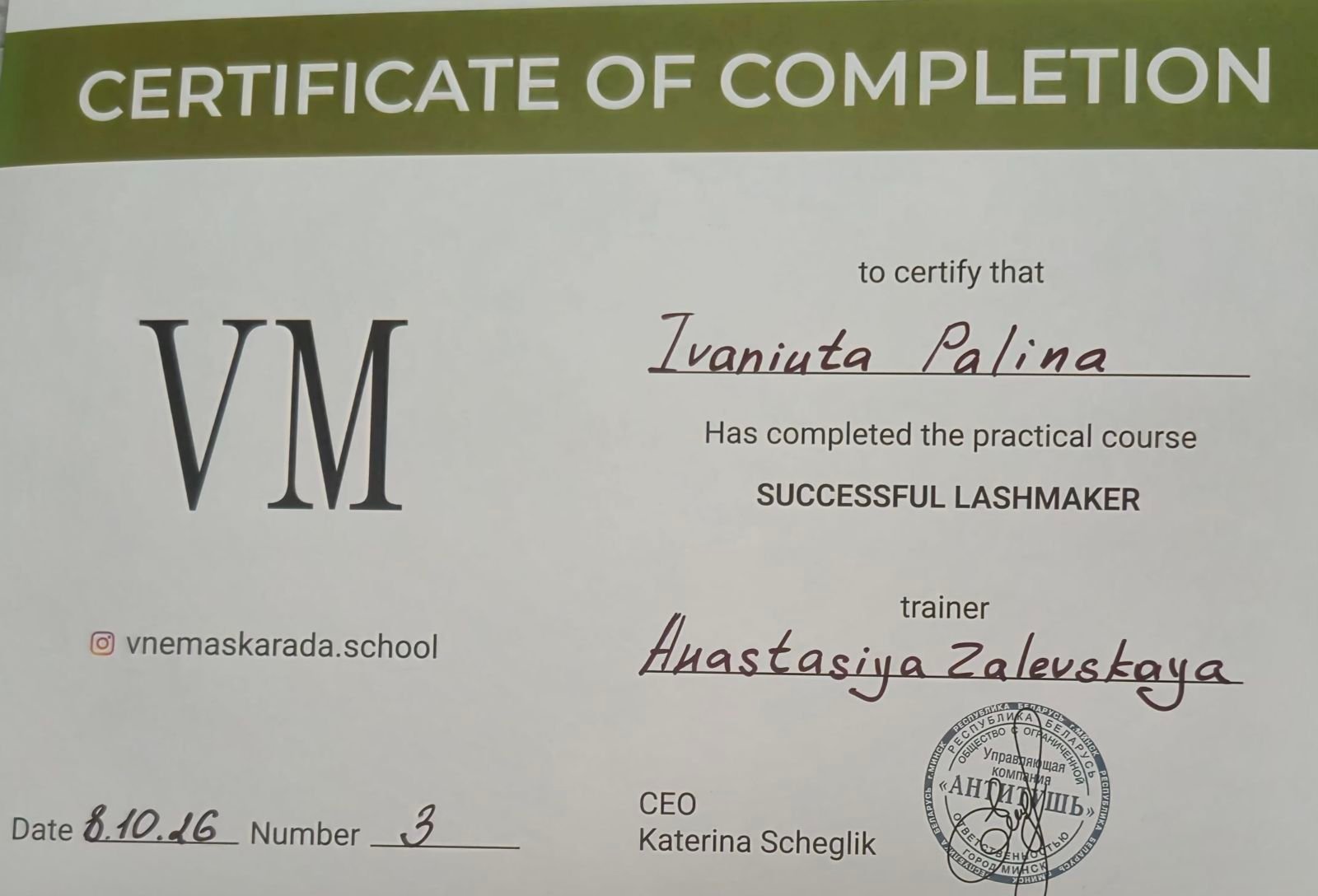 РЕСНИЦЫ ИНСТИТУТ КУЛЬТУРЫ — certificate
